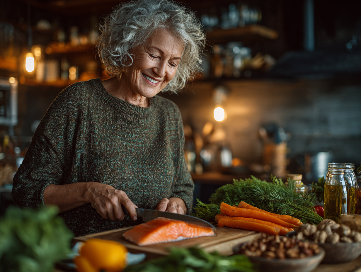 Старша жінка готує здорову їжу на кухні
