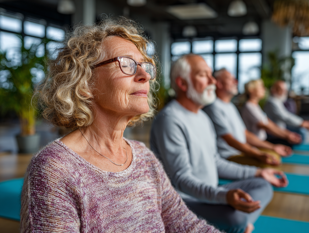 Група людей старшого віку займається йогою на природі